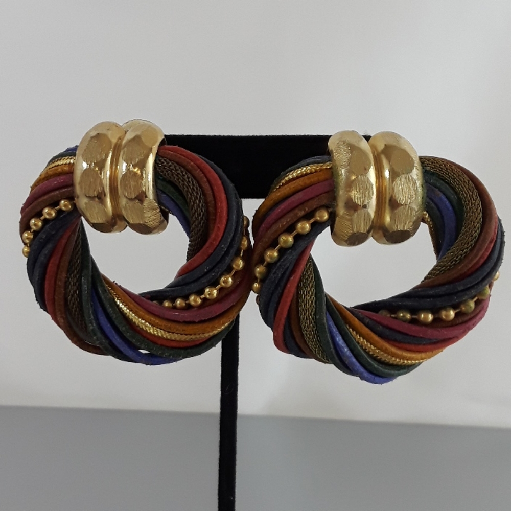 Multi Color Leather & Gold Metal Clip Earrings